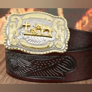 Weatern Large 5.9" Wide Cowboy kneeling at cross with horse Belt buckle